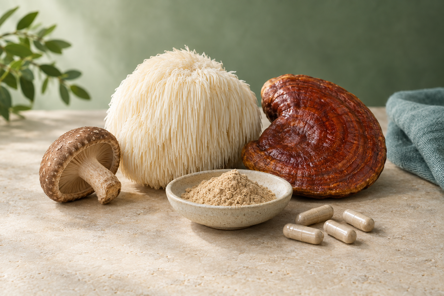 Verschillende paddenstoelen, poeder en capsules op een tafel