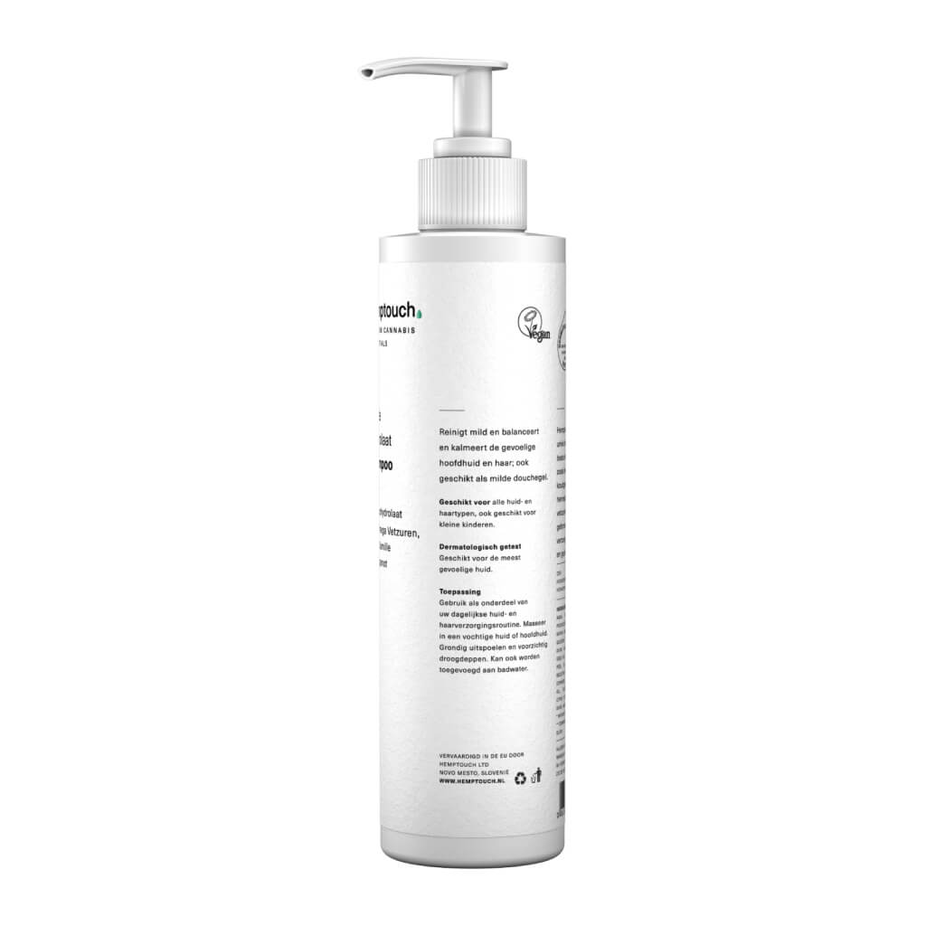 Een fles Milde Hydrolaat Shampoo en Douchegel van Hemptouch (250ml) op een witte achtergrond. miniatuur