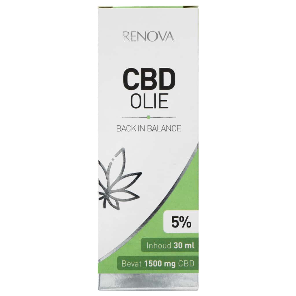 Een fles Renova - CBD olie 5% (30ml) op een witte achtergrond. miniatuur