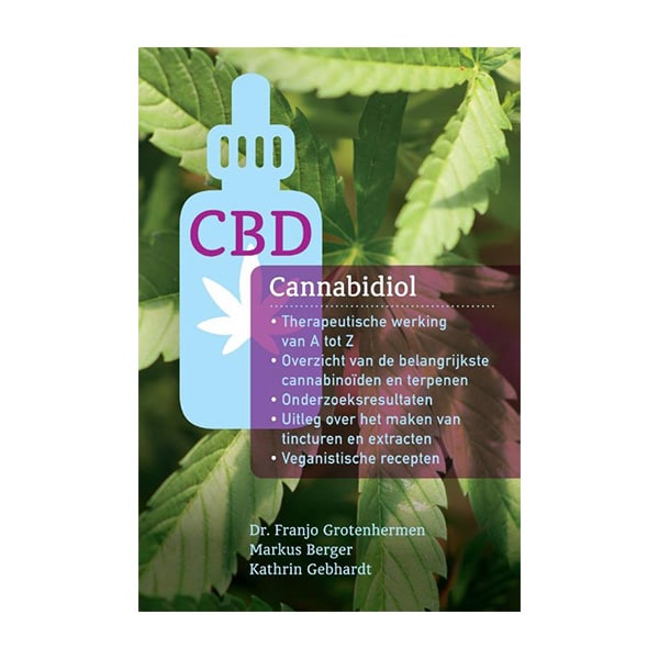 A Boek: Cannabidiol (CBD) door Dr. Franjo Grotenhermen zittend op een groene plant.