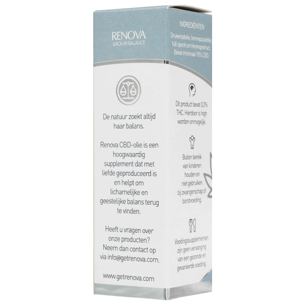 Een wit doosje met een blauw label erop met daarin Renova - CBD olie 10% (10ml). miniatuur