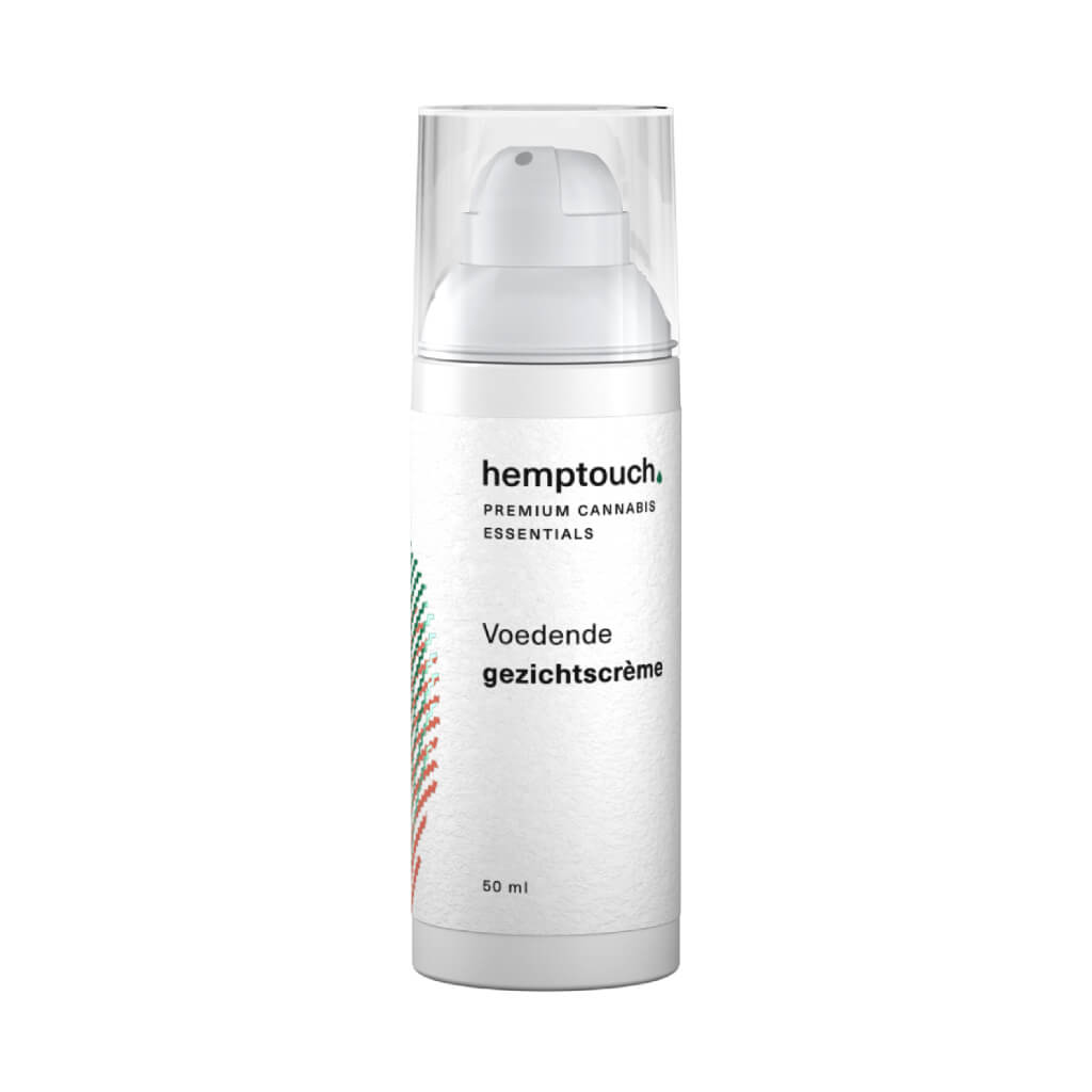 een close up van een Voedende gezichtscrème met CBD van Hemptouch (50 ml) op een witte achtergrond.