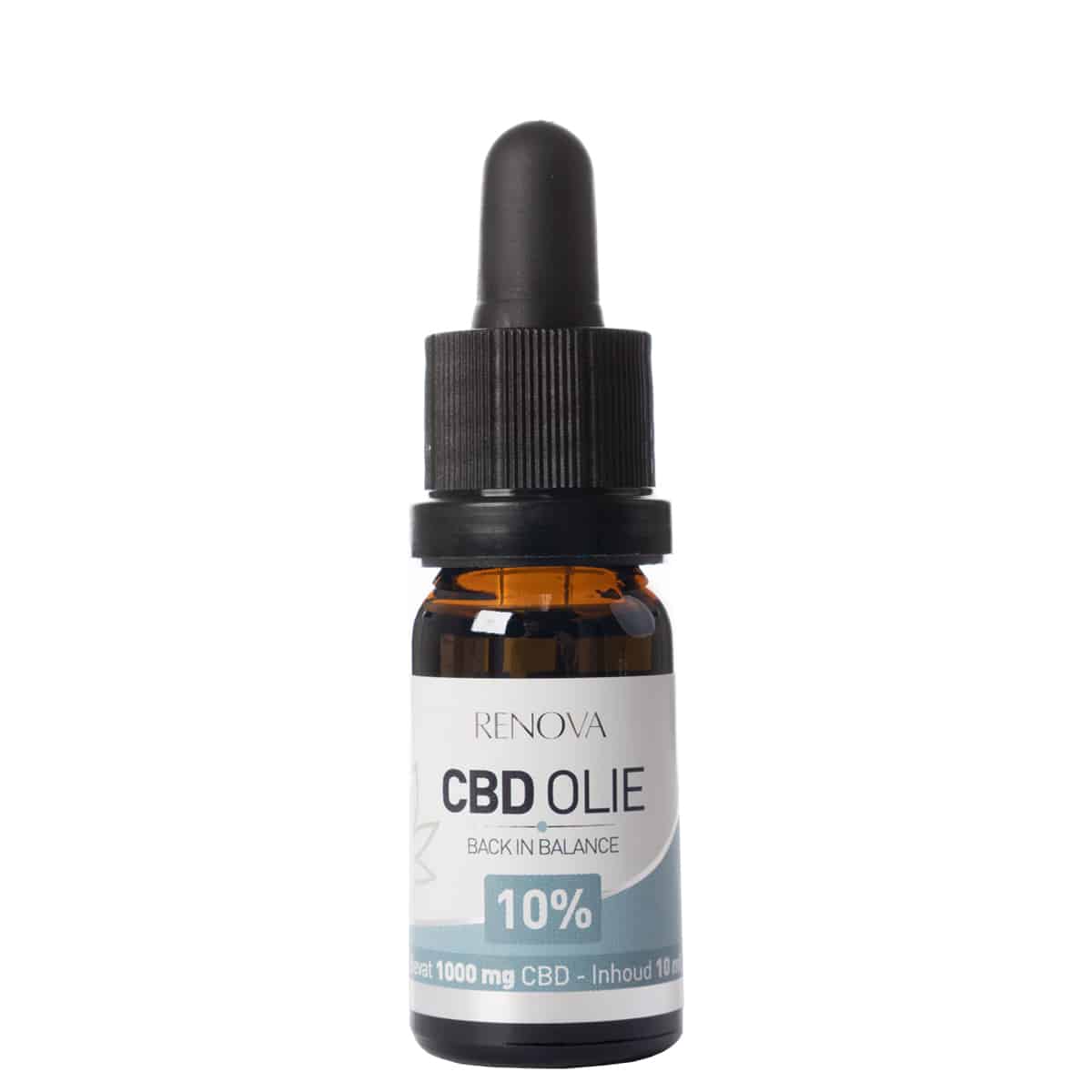 Een fles Renova - CBD olie 10% (10ml) op een witte achtergrond.