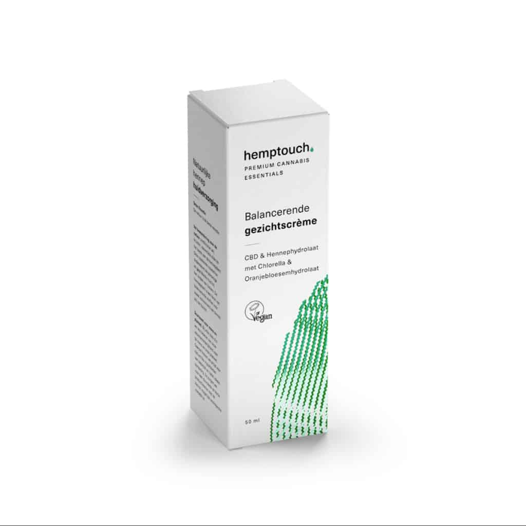 Een wit doosje met groene lijnen erop bevat Balancerende gezichtscrème met CBD van Hemptouch (50ml). miniatuur