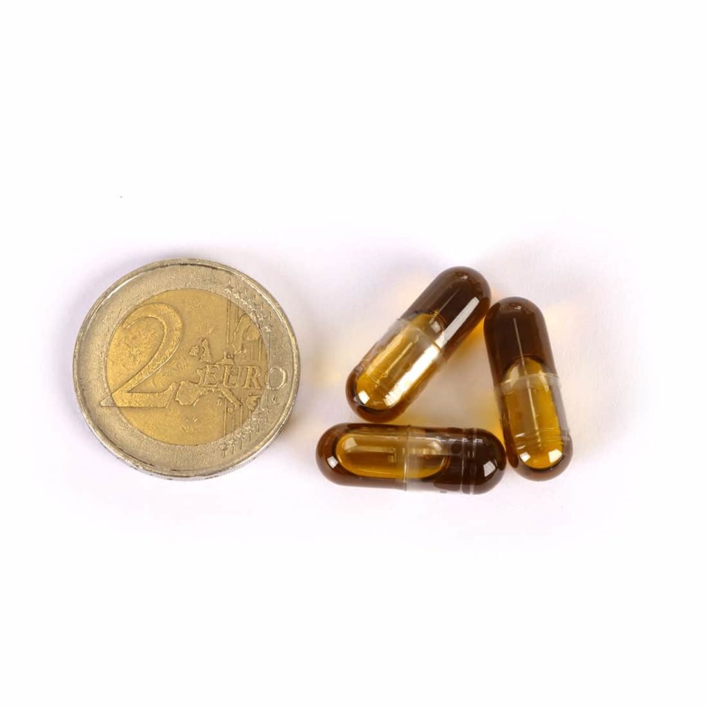 Twee Wedihemp - CBD Capsules 2,5% RAW (60 stuks) staan naast een cent op een witte ondergrond.