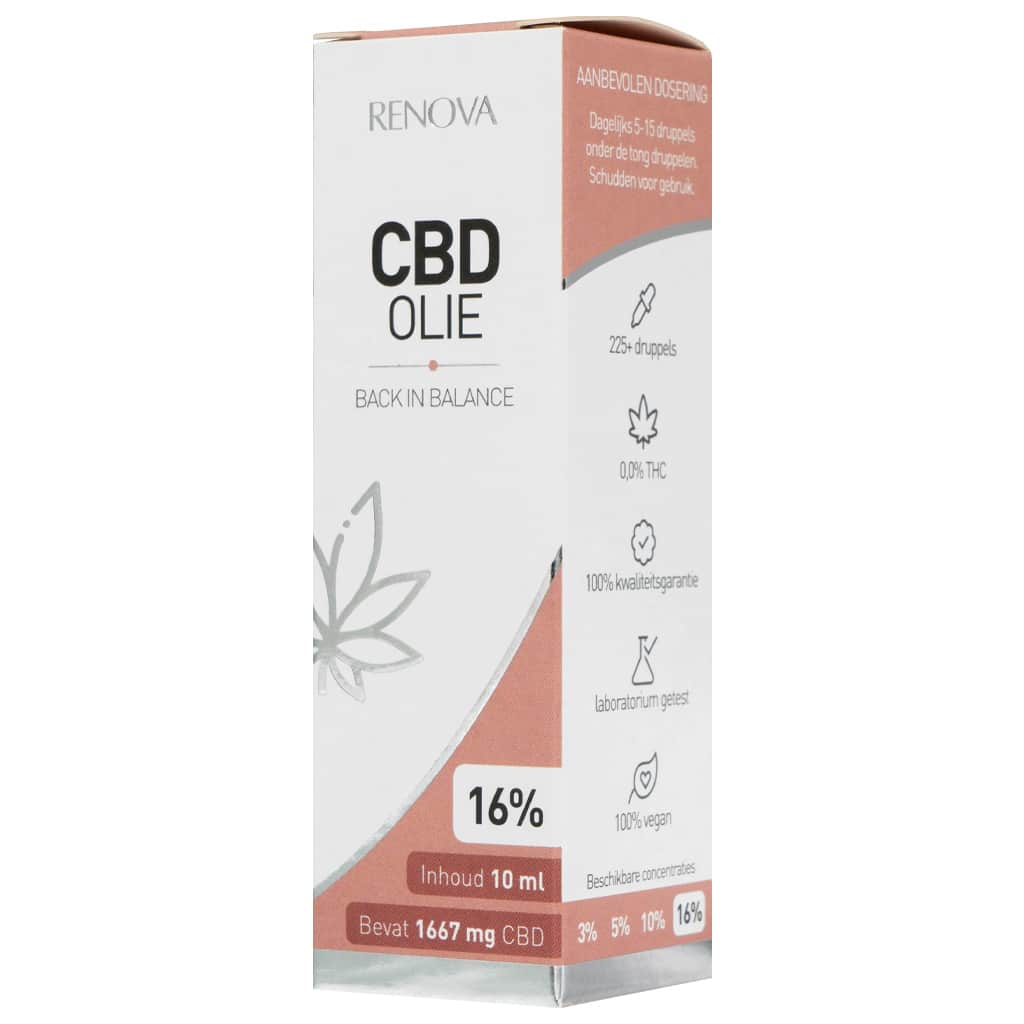 Een flesje Renova - CBD olie 16% (10ml) op een witte achtergrond. miniatuur