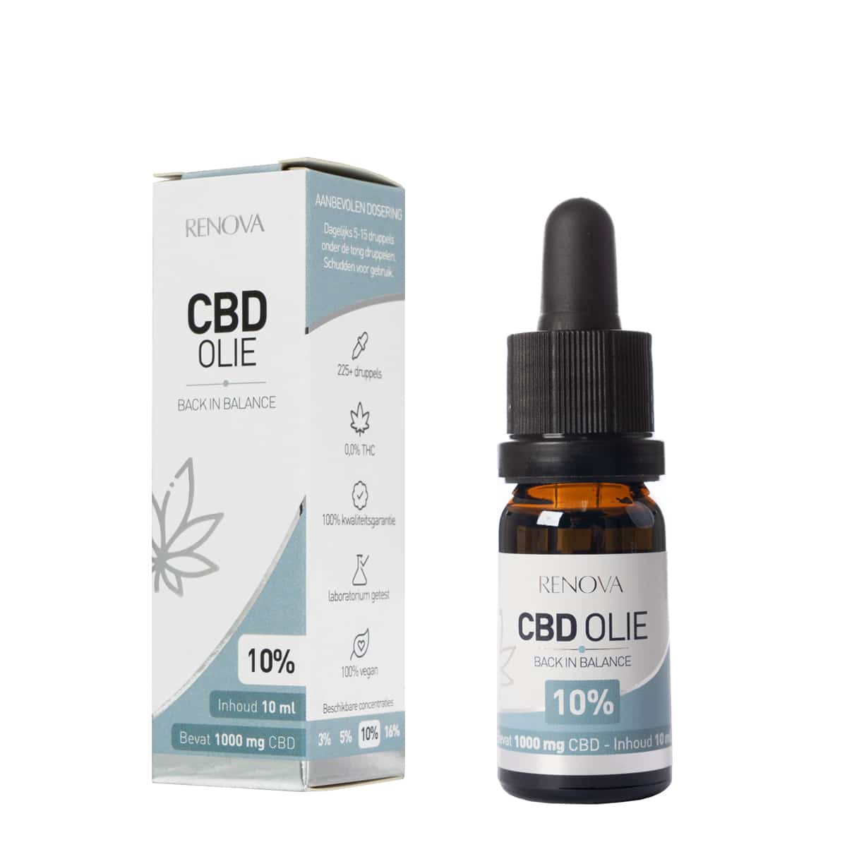 Renova - CBD olie 10% (10ml) naast een doosje. miniatuur
