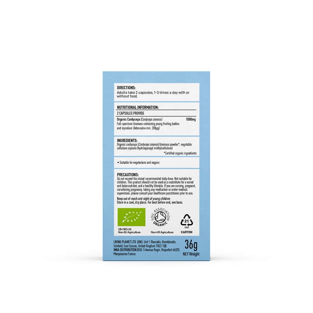 Een blauwe doos van 36 g Mushrooms4Life Biologische paddenstoel Cordyceps Capsules (60 stuks) bevat instructies, voedingsinformatie, ingrediënten, voorzorgsmaatregelen en certificeringen op de achterkant. miniatuur