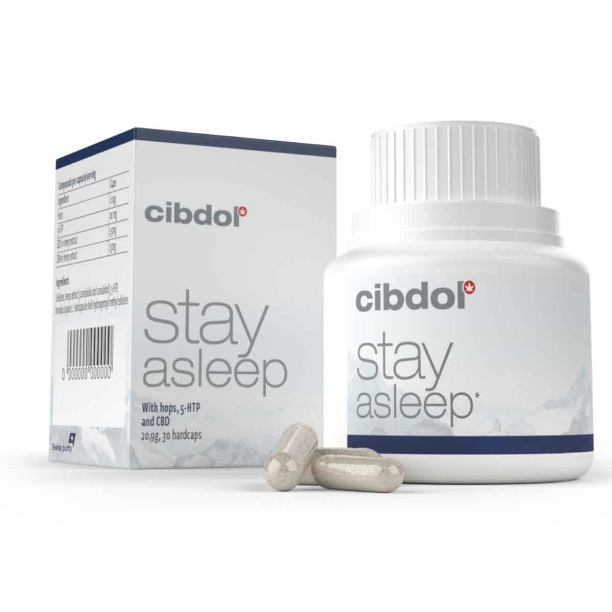 Een doos en flesje met het label "Cibdol - Stay Asleep CBD en CBN capsules (30 stuks)" met twee capsules aan de voorkant. Op de verpakking staan ingrediënten zoals hop, 5-HTP, CBD en CBN.