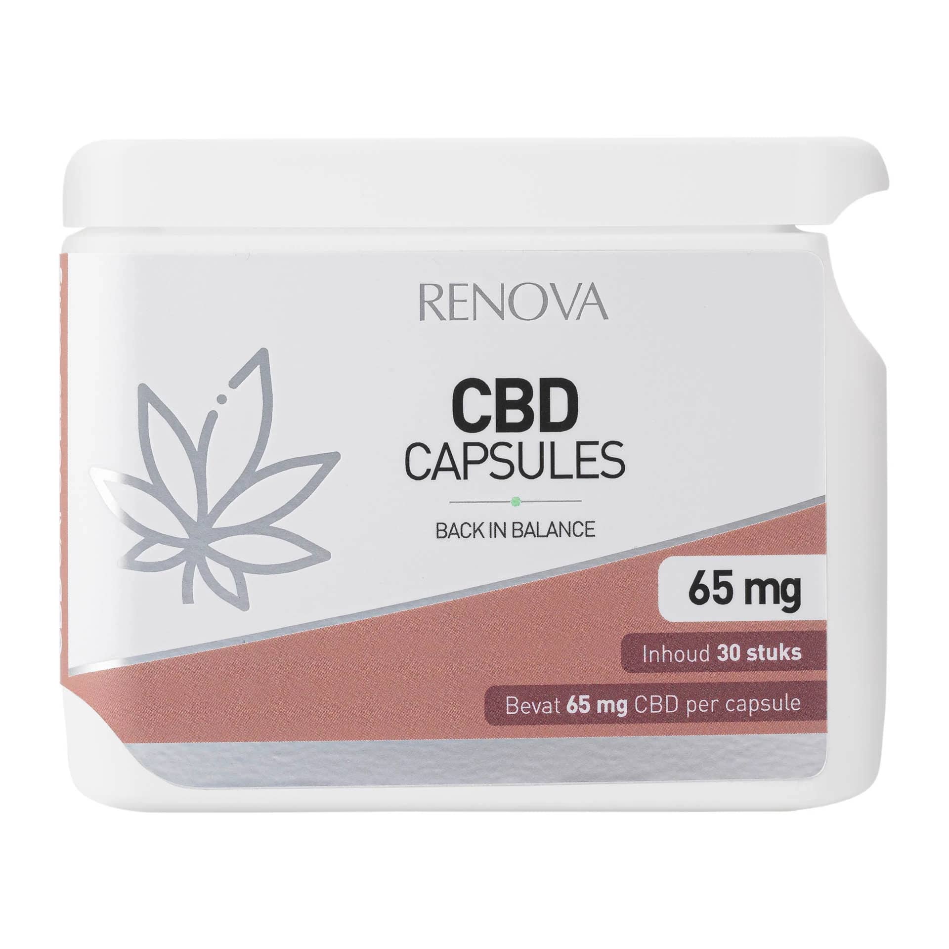 Renova – CBD capsules 40% (65 mg) container, met 30 capsules, verpakt in bruin en wit met een bladmotief.