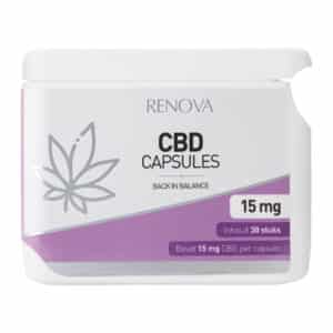 Witte container met het label "Renova – CBD capsules 40% (65 mg)" met een bladontwerp. Tekst geeft 65 mg per capsule aan, details over het totale aantal capsules zijn niet verstrekt.