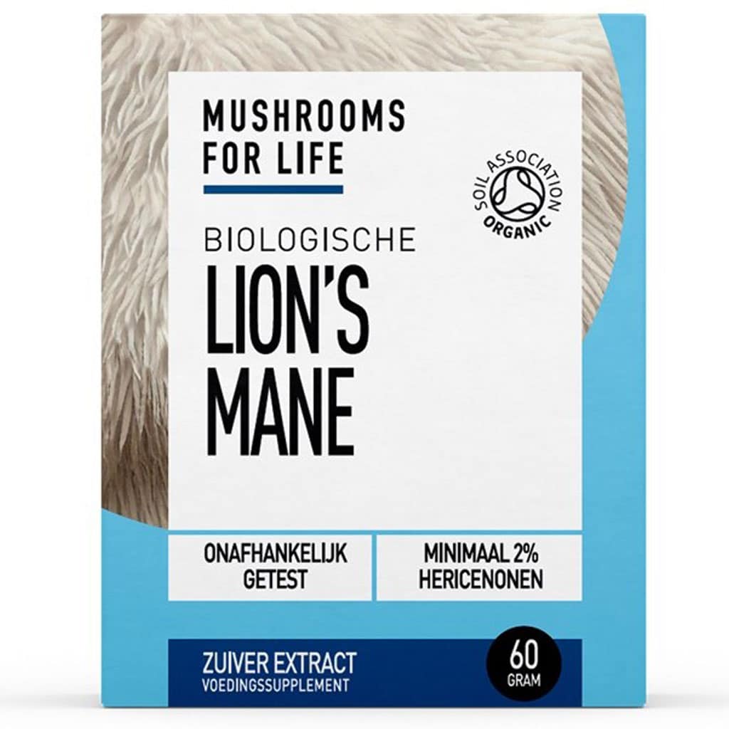 Een verpakking van 60 gram Mushrooms4Life – Biologische paddenstoel Lion’s Mane Poeder is gelabeld als "Mushrooms for Life" en gecertificeerd door de "Soil Association Organic", met minimaal 2% hericenonen.