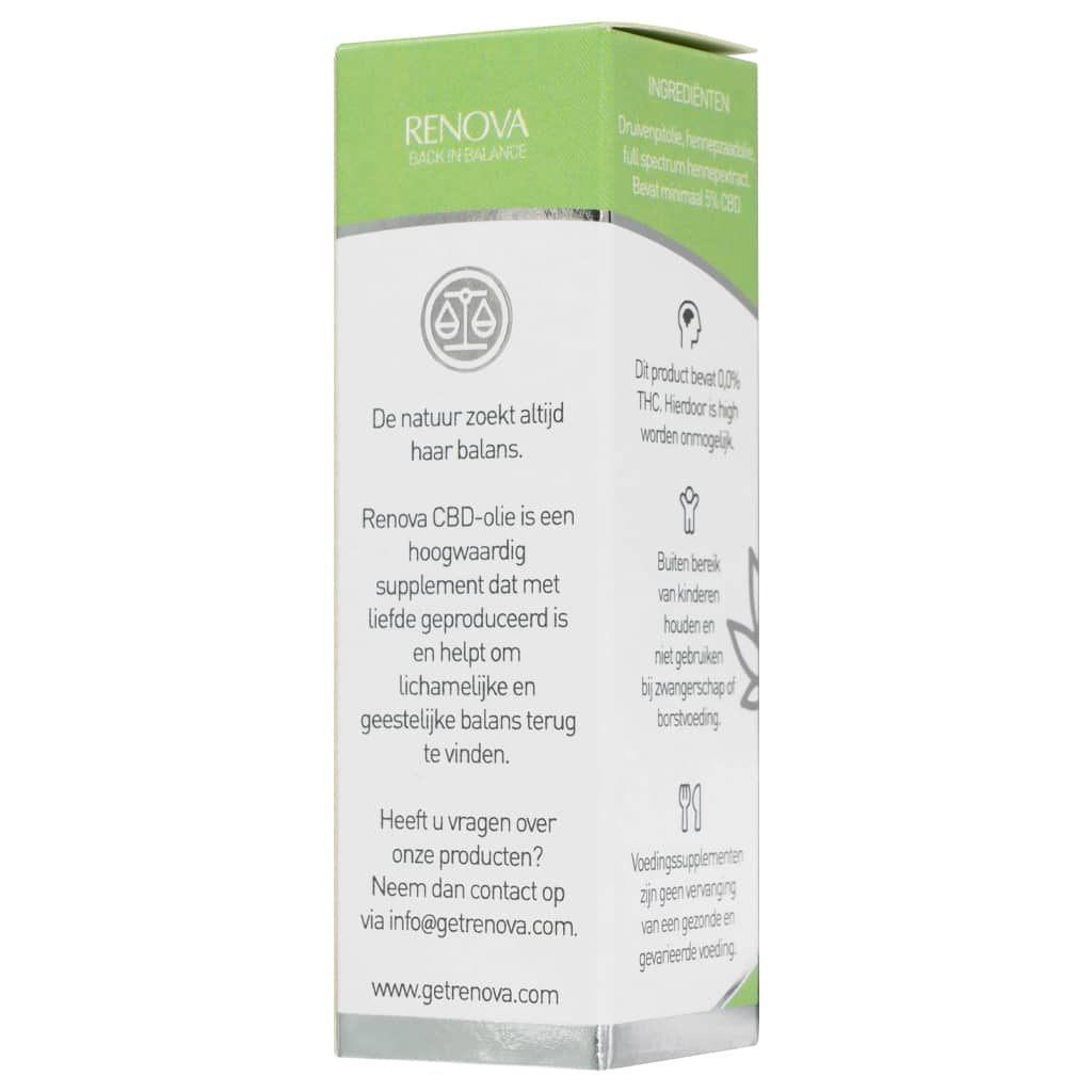 Een wit doosje met een groen label erop - Renova - CBD olie 5% (10ml). miniatuur