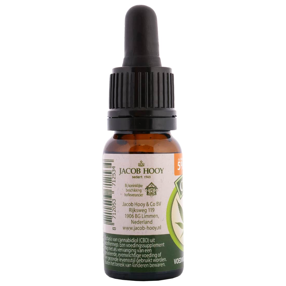 Een fles Jacob Hooy - CBD olie 5% (10ml) op een witte achtergrond. miniatuur