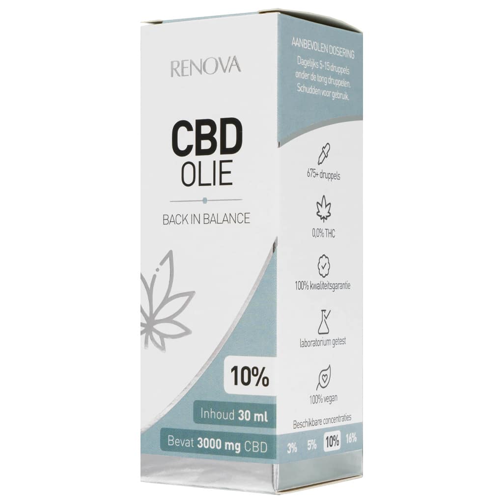 Een doos Renova - CBD olie 10% (30ml) bovenop een tafel. miniatuur