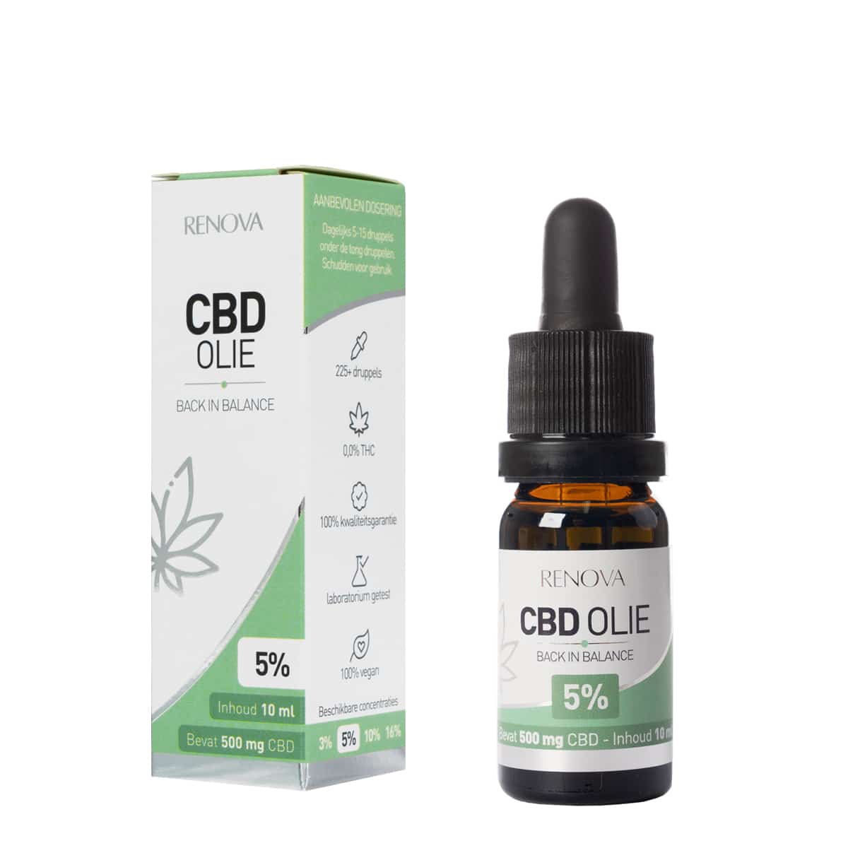Een flesje Renova - CBD olie 5% (10ml) naast een doosje Renova - CBD olie 5% (10ml). miniatuur