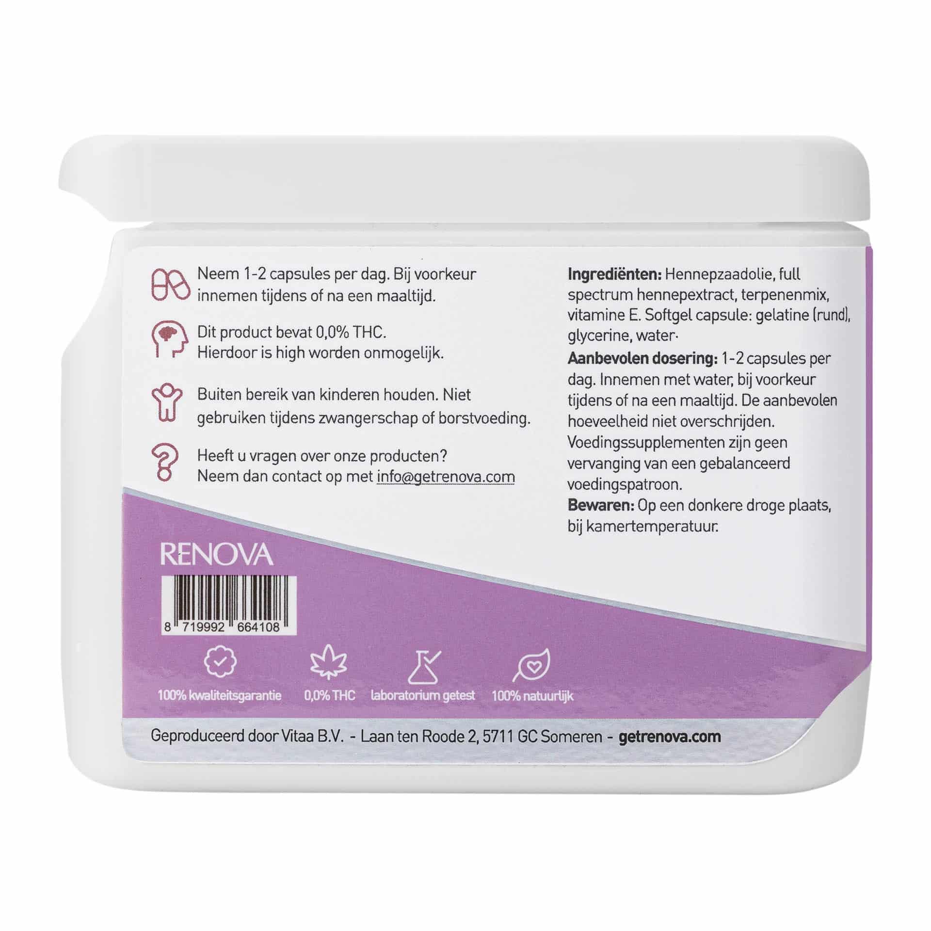 De Renova CBD capsules 40% (65 mg) worden geleverd in een witte verpakking met een paars etiket met supplementinstructies en ingrediënten in het Nederlands. Symbolen voor GMO-vrij, veganistisch en glutenvrij zijn inbegrepen, samen met contactgegevens en een barcode. miniatuur