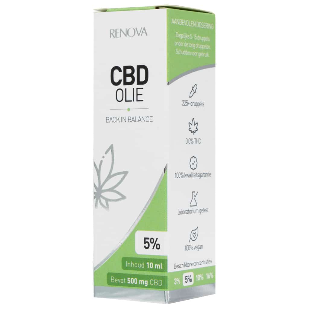 Een doosje Renova CBD olie 5% (10ml) op een witte achtergrond. miniatuur