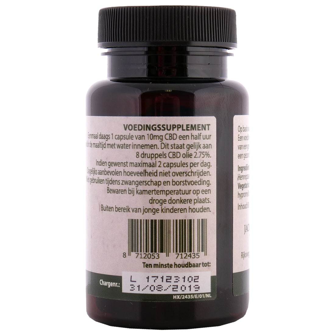 Een close up van een flesje Jacob Hooy - CBD Capsules 2,75% (60 stuks - 10mg) supplement. miniatuur