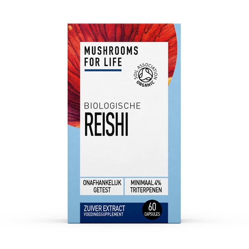Een doos Mushrooms4Life Biologische paddenstoel Reishi Capsules (60 stuks), onafhankelijk getest en met minimaal 4% triterpenen.