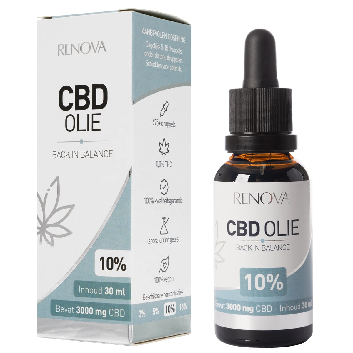 Een flesje Renova - CBD olie 10% (30ml) naast een doosje Renova - CBD olie 10% (30ml). miniatuur
