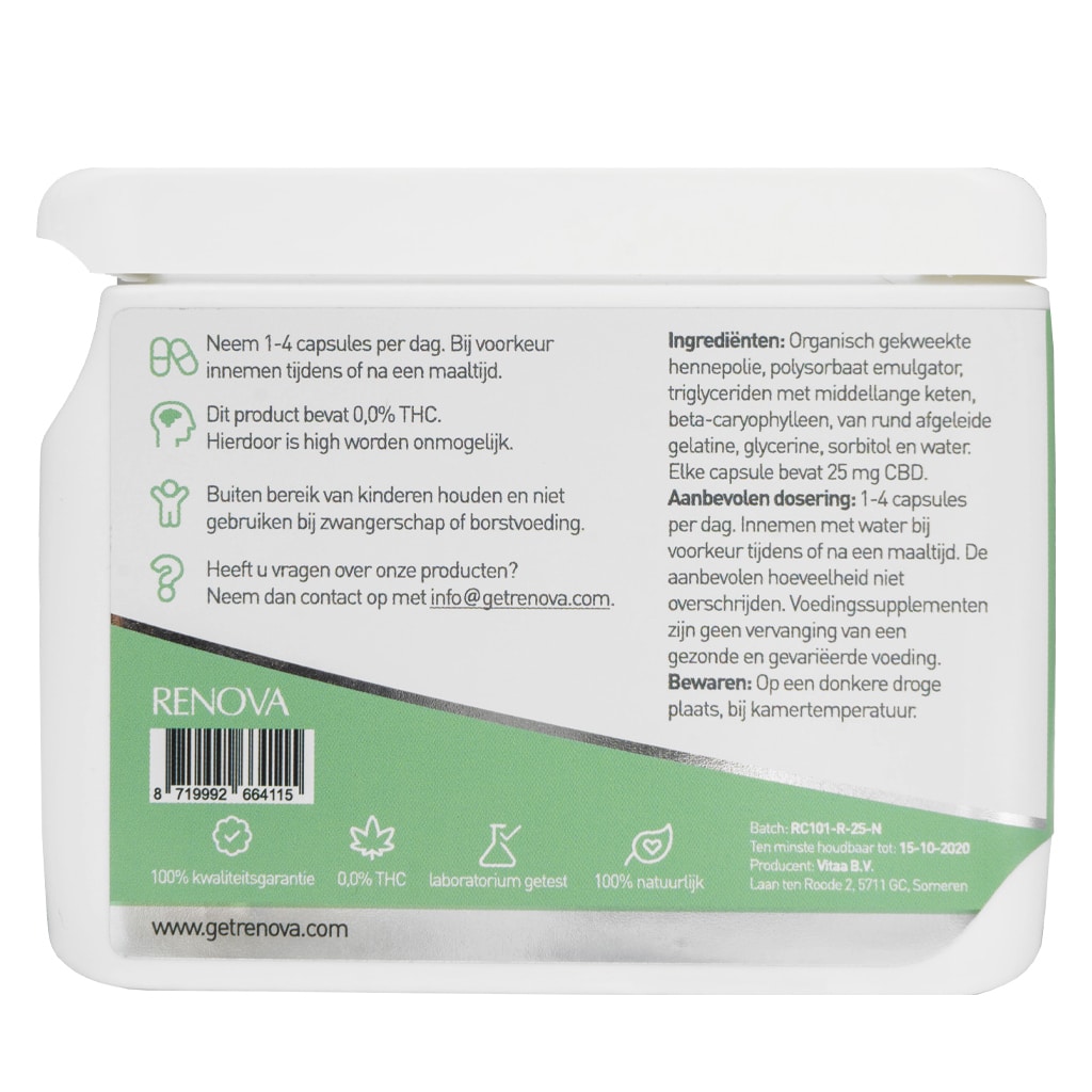 een close-up van een container met Renova - CBD-capsules 15% (25 mg). miniatuur