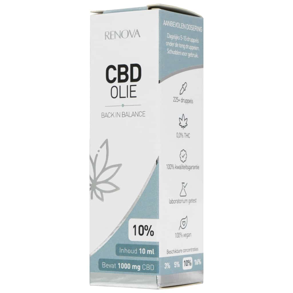 Een Renova - CBD olie 10% (10ml) doosje op een witte achtergrond. miniatuur