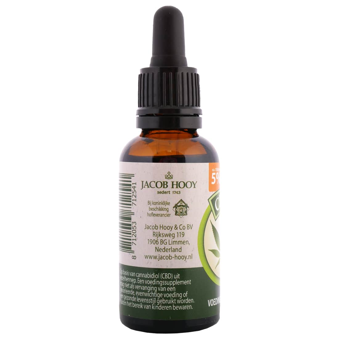 Een fles Jacob Hooy - CBD olie 5% (30ml) op een witte achtergrond. miniatuur