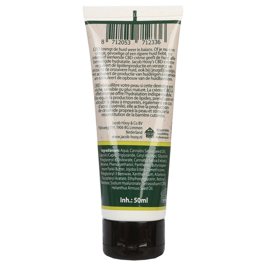 Een tube CBD Crème van Jacob Hooy (50ml) op een witte ondergrond. miniatuur