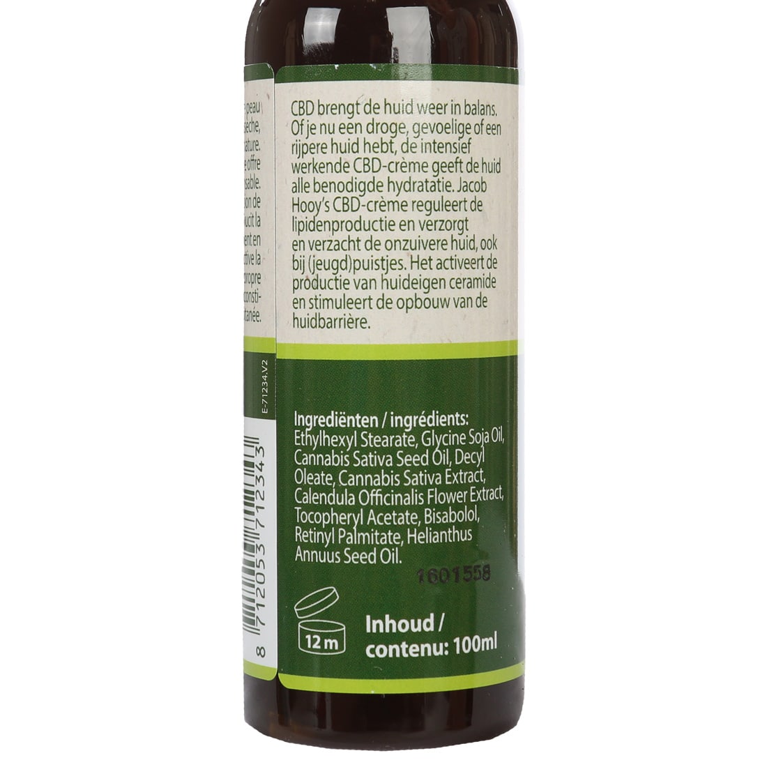 een close up van een flesje CBD Huidolie van Jacob Hooy (100ml). miniatuur