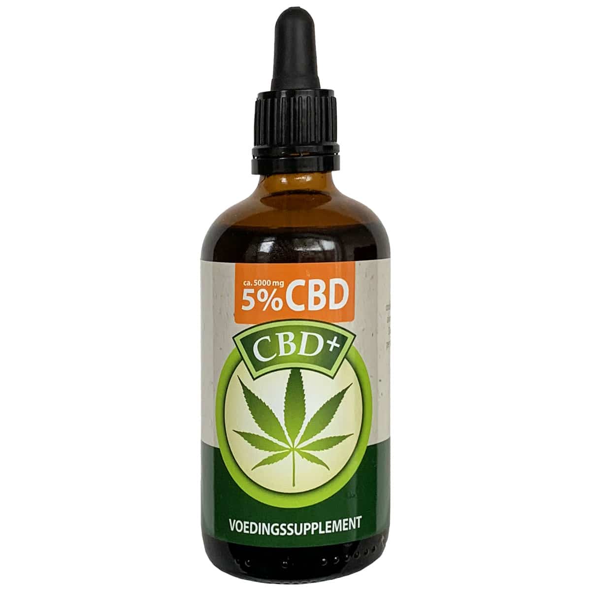 Een flesje Jacob Hooy - CBD Olie 5% (100ml) op een witte achtergrond.