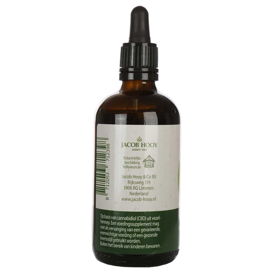 Een flesje Jacob Hooy - CBD olie 2,75% (100ml) met een etiket erop. miniatuur