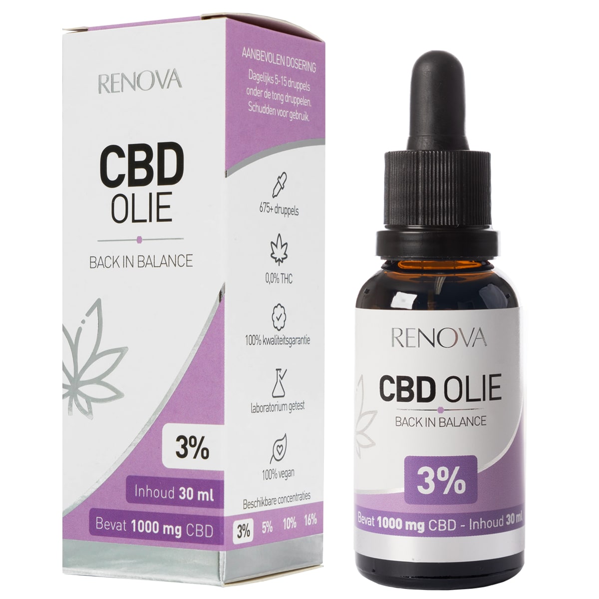 Een fles Renova - CBD olie 3% (30ml) naast een doos. miniatuur