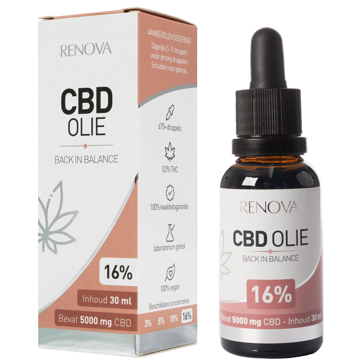 een flesje Renova - CBD olie 16% (30ml) naast een doosje Renova - CBD olie 16% (30ml). miniatuur