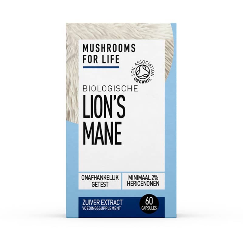 Afbeelding van een doos met het label "MushroomsForLife - Biologische paddenstoel Lion's Mane Capsules (60 stuks)." Het is biologisch gecertificeerd door de Soil Association.