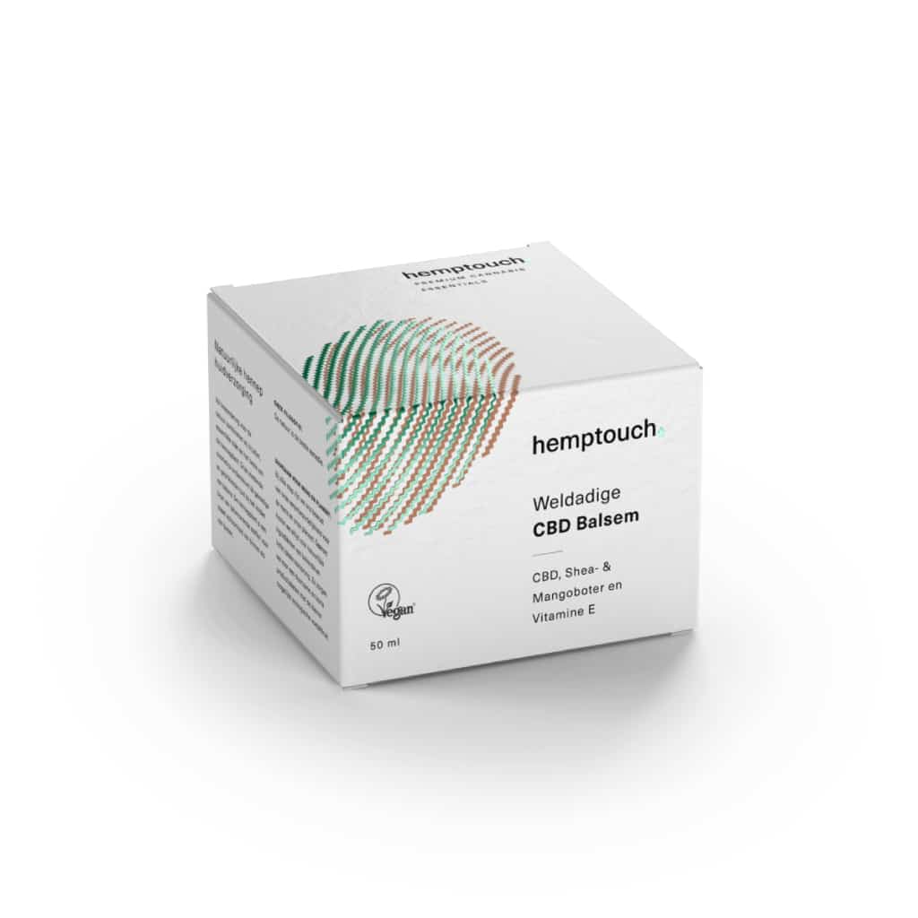 een tube Weldadige CBD balsem van Hemptouch (50ml) op een witte ondergrond. miniatuur