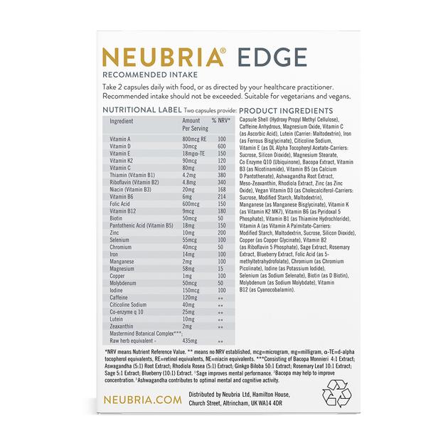 De achterkant van een fles Neubria - Performance Edge Capsules (60 stuks) - THT DATUM 31-08-2023. miniatuur