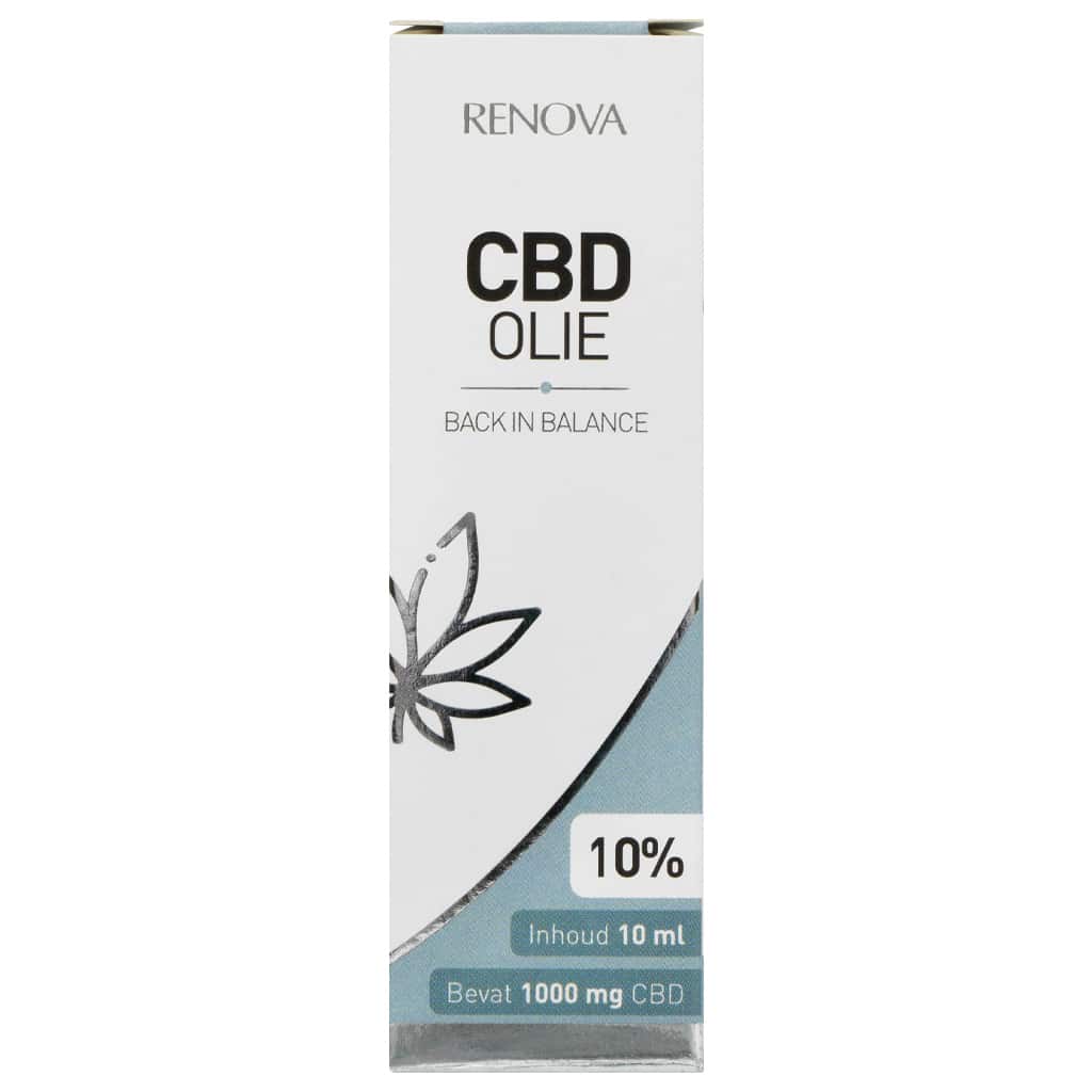 Een flesje Renova - CBD olie 10% (10ml) bovenop een tafel. miniatuur