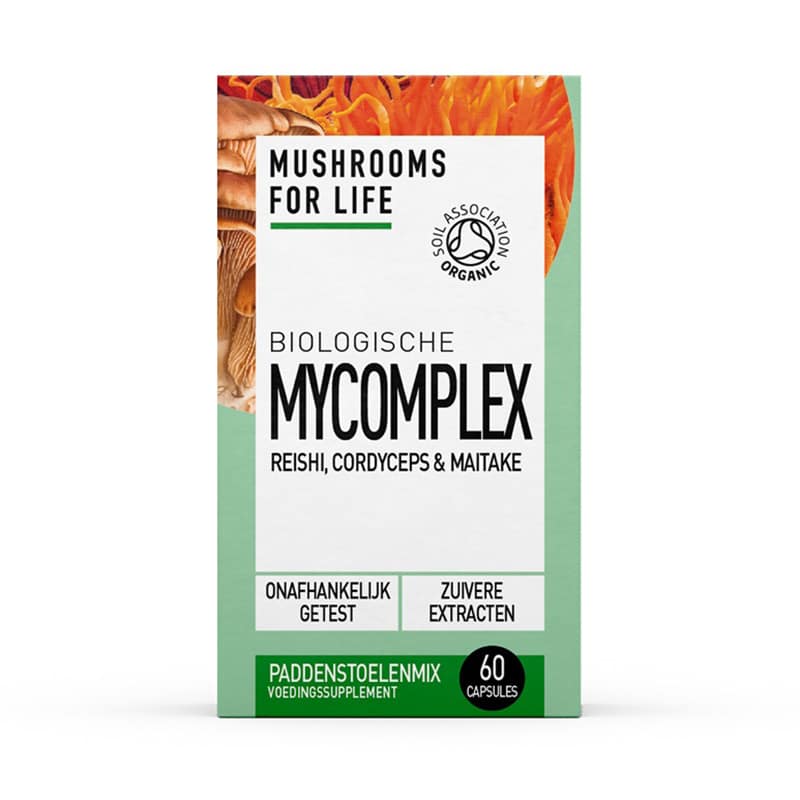 Een doos met het label "Mushrooms4Life - Biologische paddenstoel MyComplex Capsules" bevat Reishi, Cordyceps, Maitake. Het bevat 60 capsules met pure extracten, onafhankelijk getest en biologisch gecertificeerd.