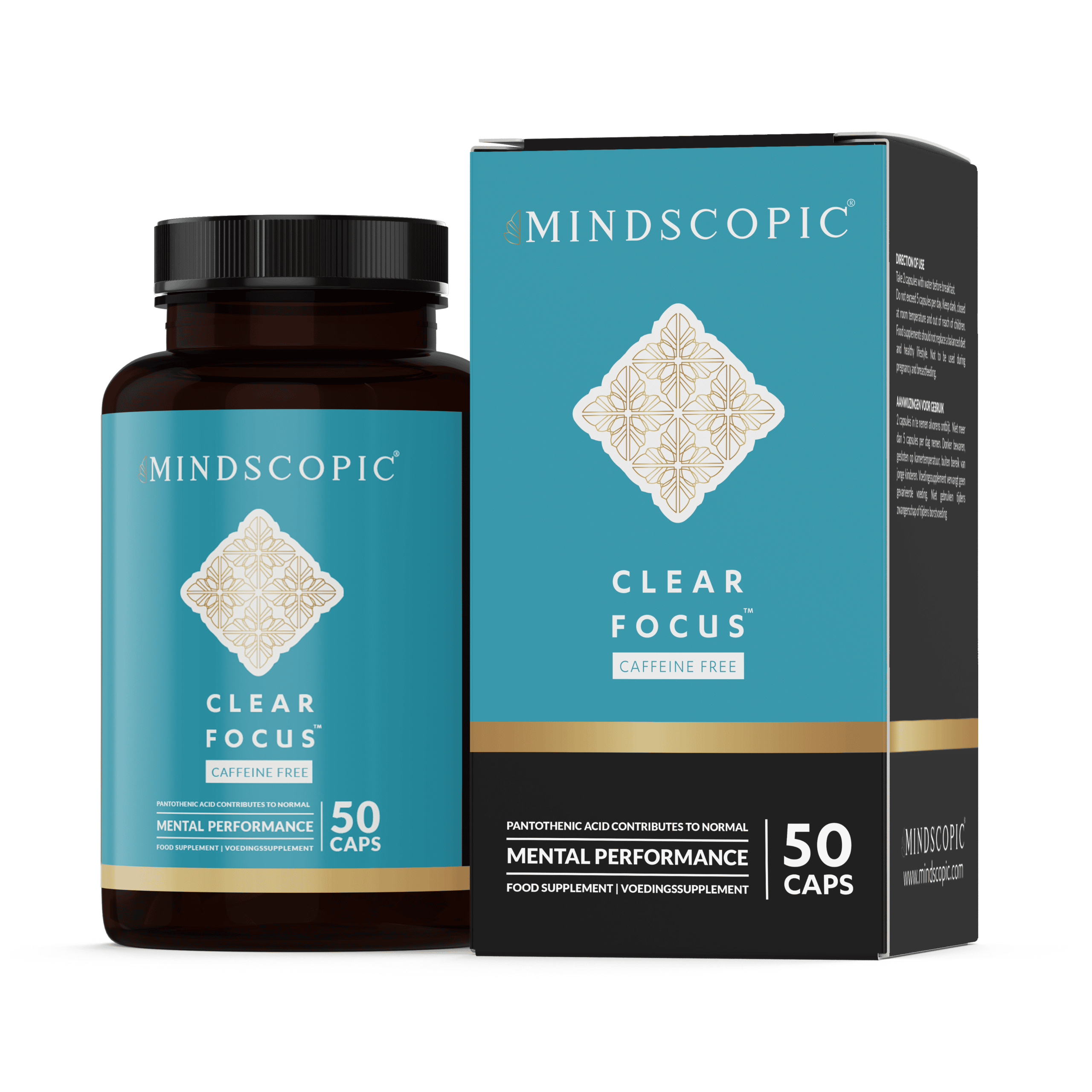 een flesje clear focus met een doosje van 50 caps.