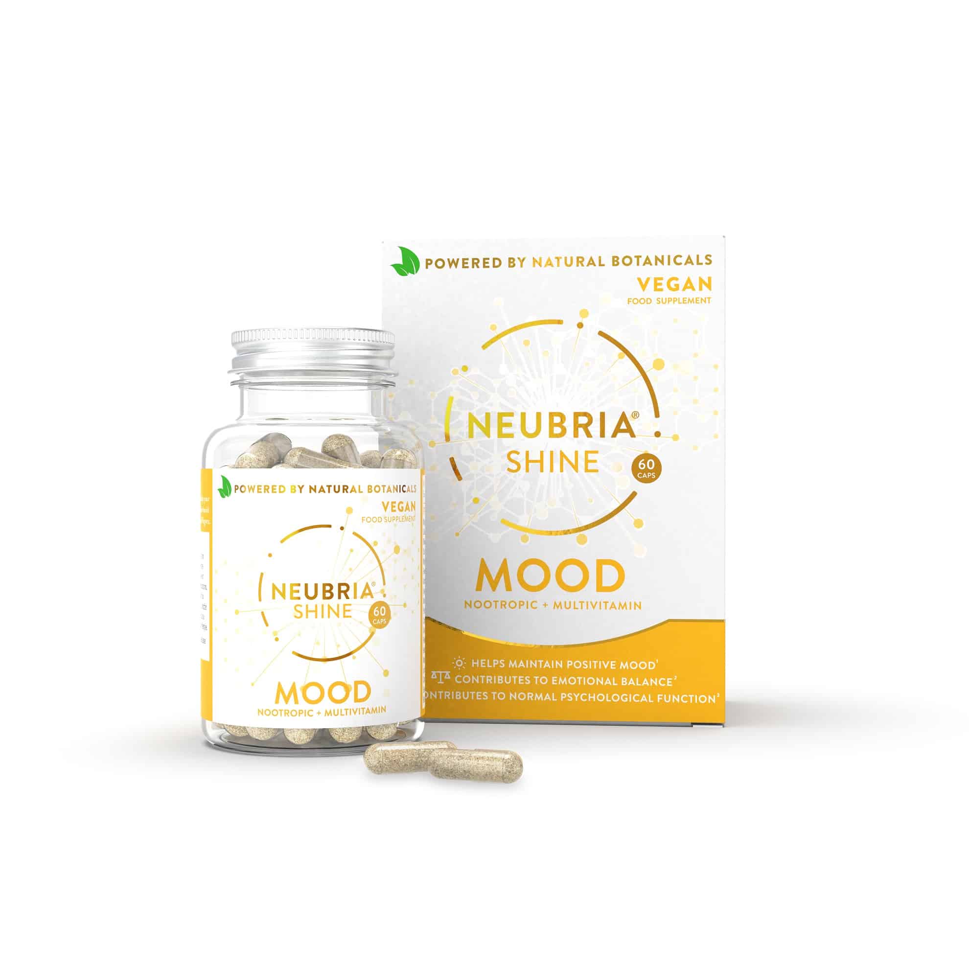 Een doos Neubria Mood Shine Capsules (60 stuks) naast een fles.