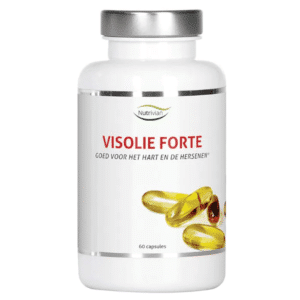 Een fles Nutrivian Visolie Gold met 120 capsules, geïllustreerd met gele capsules en tekst die de voordelen voor hart en hersenen benadrukt.