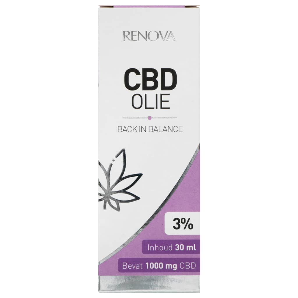Een flesje Renova - CBD olie 3% (30ml) op een witte achtergrond. miniatuur