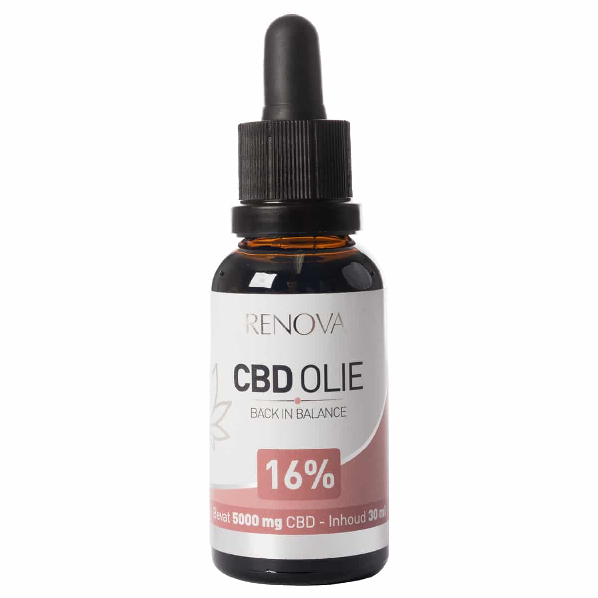 Een flesje Renova - CBD olie 16% (30ml) op een witte achtergrond.