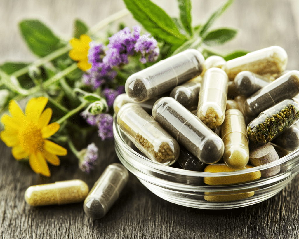 Een kleine glazen kom gevuld met diverse kruidencapsules en supplementen, geplaatst naast verse bloemen en groene bladeren op een houten oppervlak.