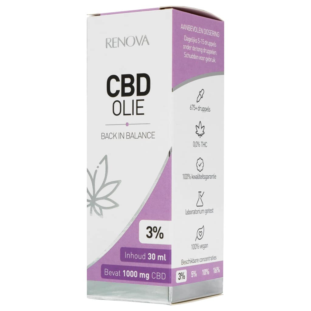 Een doos Renova - CBD olie 3% (30ml) bovenop een tafel. miniatuur