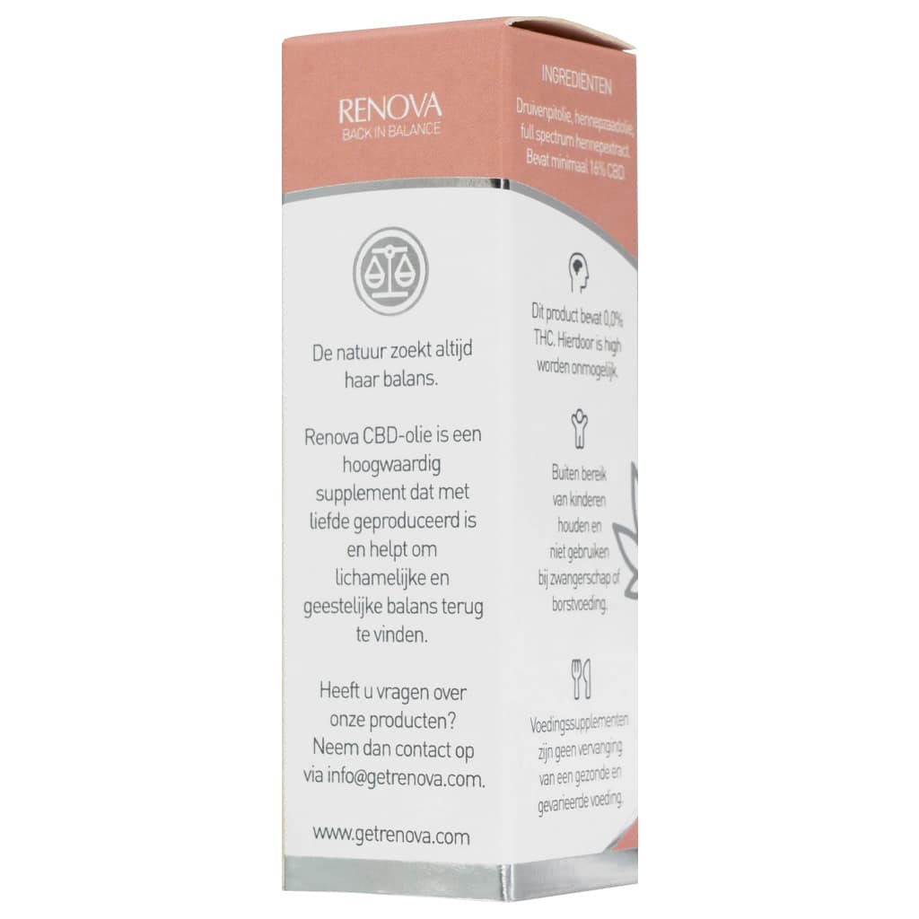 Een wit doosje met een roze label erop met daarin Renova - CBD olie 16% (10ml). miniatuur