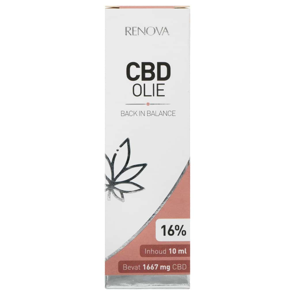 Een flesje Renova - CBD olie 16% (10ml) bovenop een tafel. miniatuur