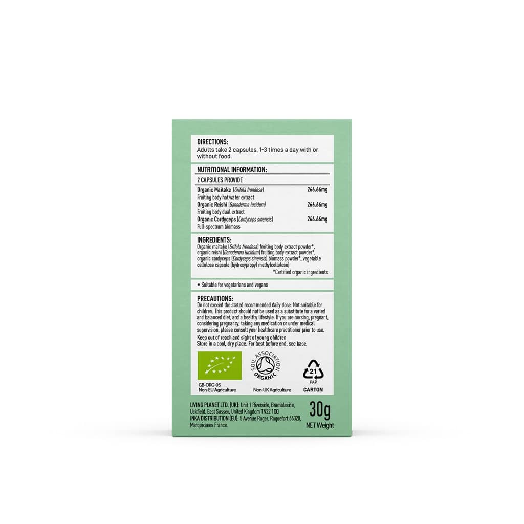 De "Mushrooms4Life - Biologische paddenstoel MyComplex Capsules (60 stuks)" is verpakt in een groen-witte supplementendoos met gebruiksaanwijzing, voedingsinformatie, ingrediënten, voorzorgsmaatregelen en certificeringslogo's op de achterkant. miniatuur