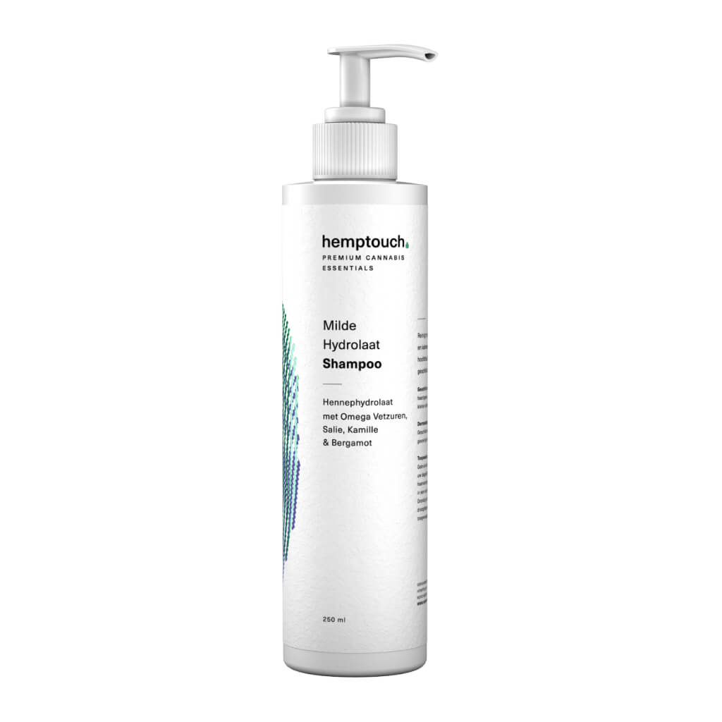 Een fles Milde Hydrolaat Shampoo en Douchegel van Hemptouch (250ml) op een witte achtergrond.